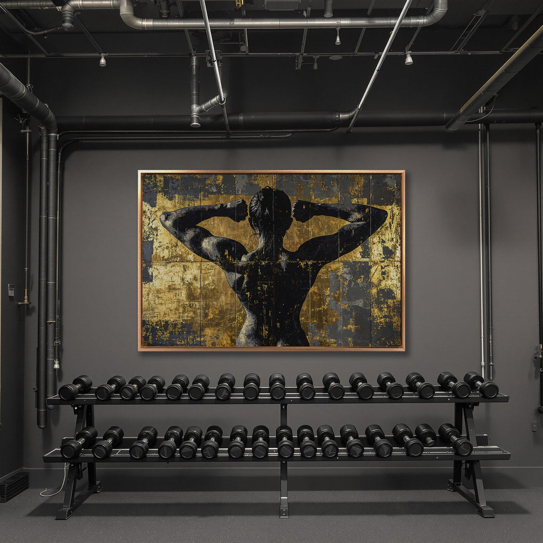 Framed Wall Art: Abstract figure in gold & black, modern style. Perfect for gym decor or home fitness spaces. Shop our Canvas Print collection today!