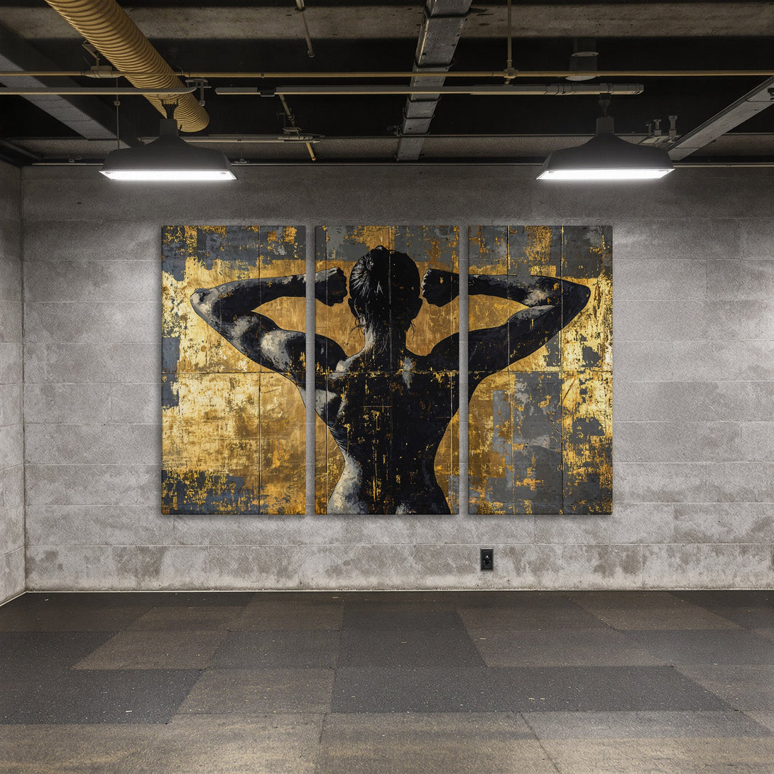 Canvas Print: Abstract art of a woman flexing, gold and black palette. Modern wall decor for a stylish interior.