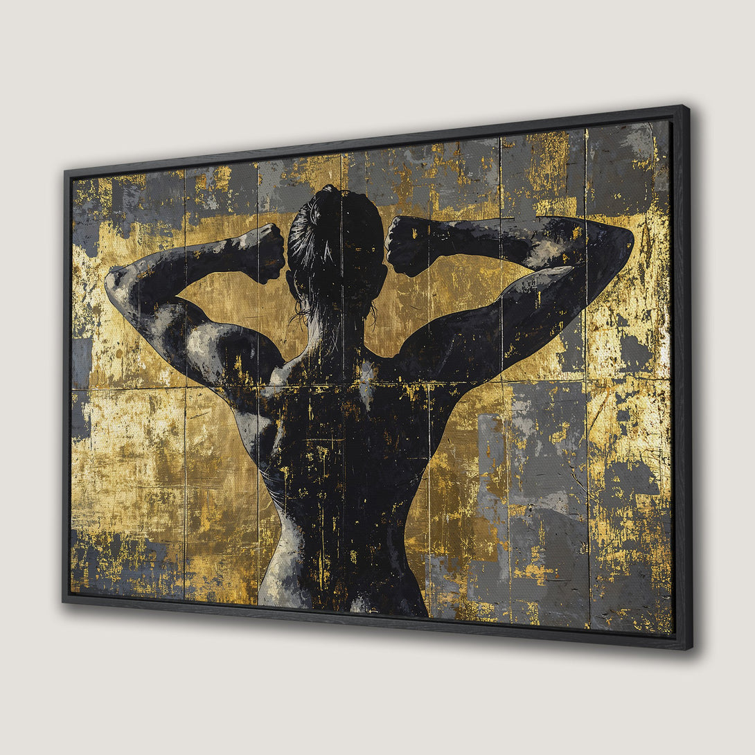 Framed Wall Art: Abstract figure with gold & gray textured background. Modern art Canvas Print, perfect for adding style to any room.