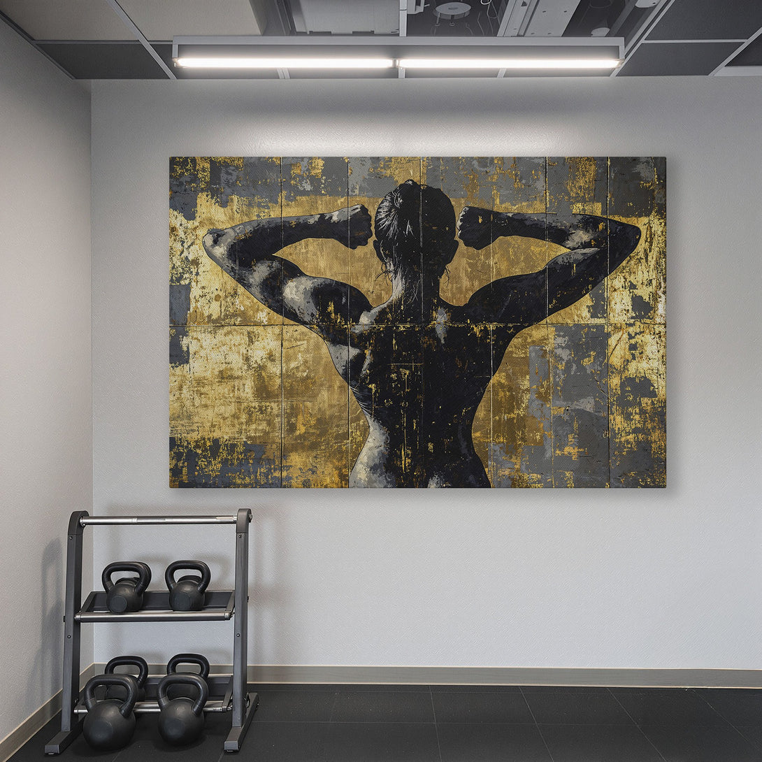 Framed Wall Art: Abstract black figure with gold accents. Modern canvas print in a gym setting with teal walls. Elevate your space with art!