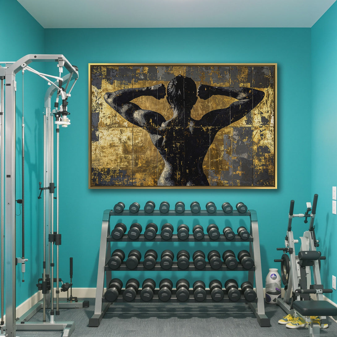Abstract Canvas Print of a muscular figure in black, gold, and gray. Modern wall art for a stylish gym or home decor.