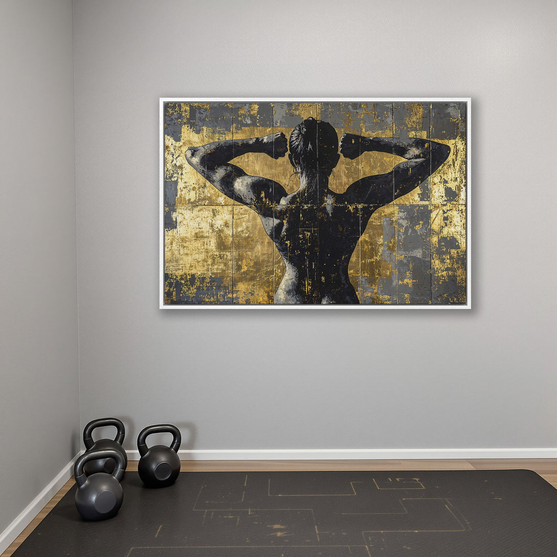 Framed Wall Art: Abstract figure flexing, gold and black palette, modern style. Perfect for gym or home decor. Canvas Print available.
