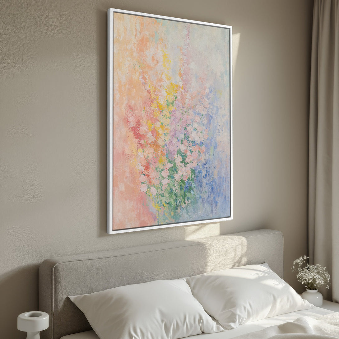 Framed Wall Art featuring an abstract floral painting in a pastel color palette, perfect for bedroom decor. Enhance your space with this calming Canvas Print.