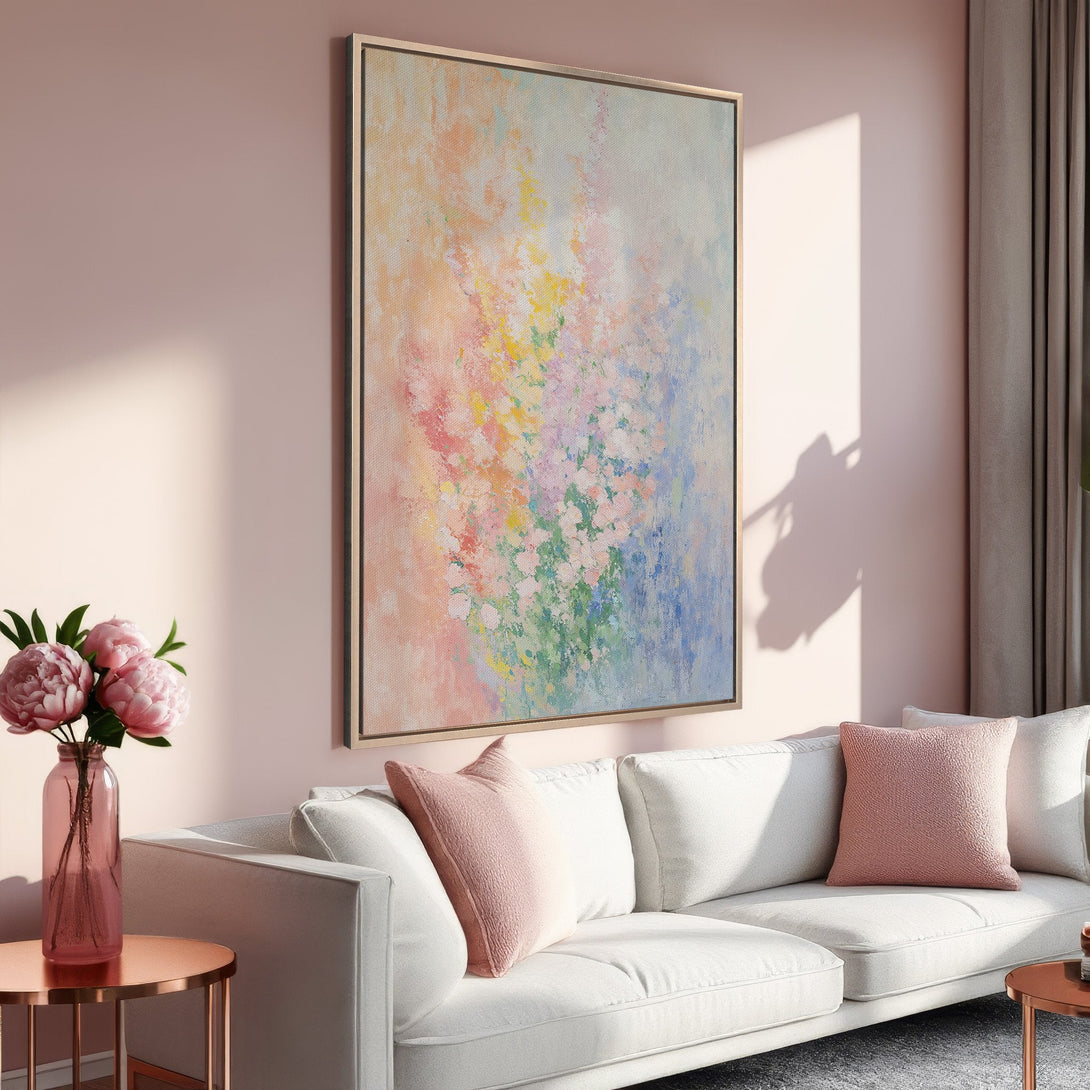 Framed Wall Art: Abstract floral canvas print in pastel colors, perfect for adding a touch of elegance to any living room. Shop now for art that inspires!
