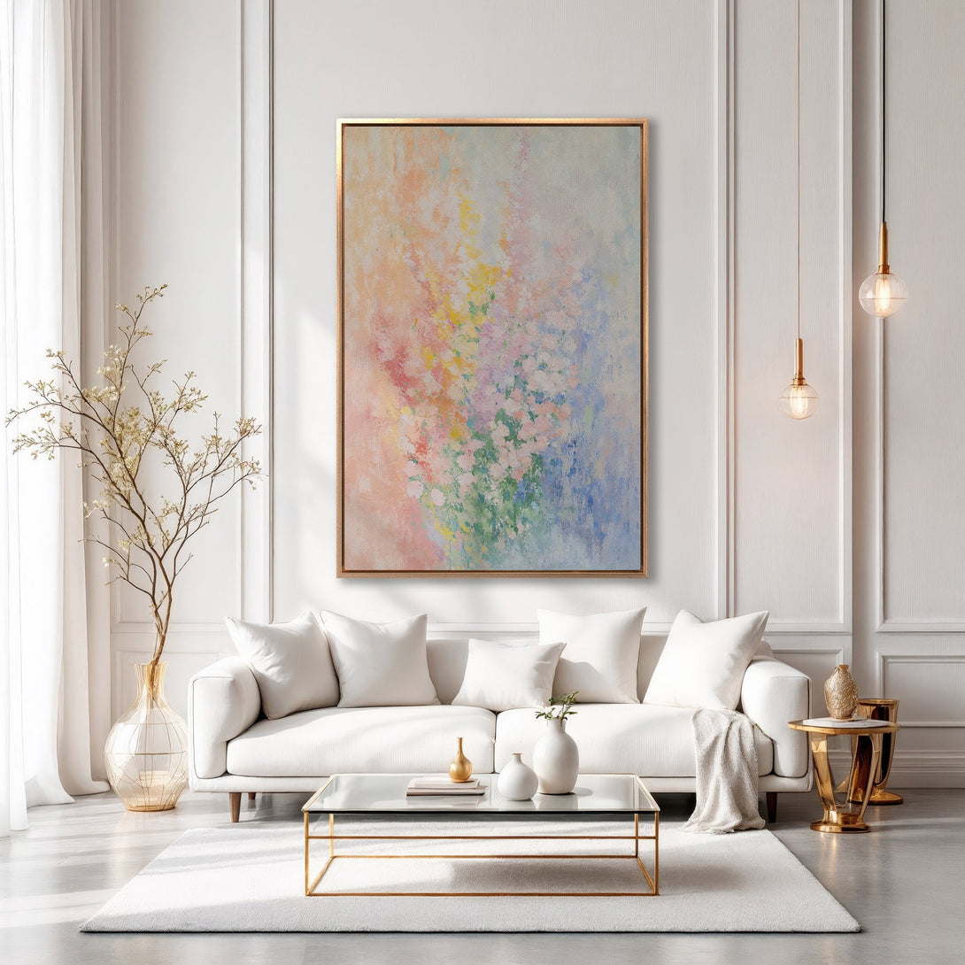 Framed Wall Art: Abstract floral painting in pastel hues of pink, yellow, and blue. Modern art canvas print adds a touch of elegance to any living room.