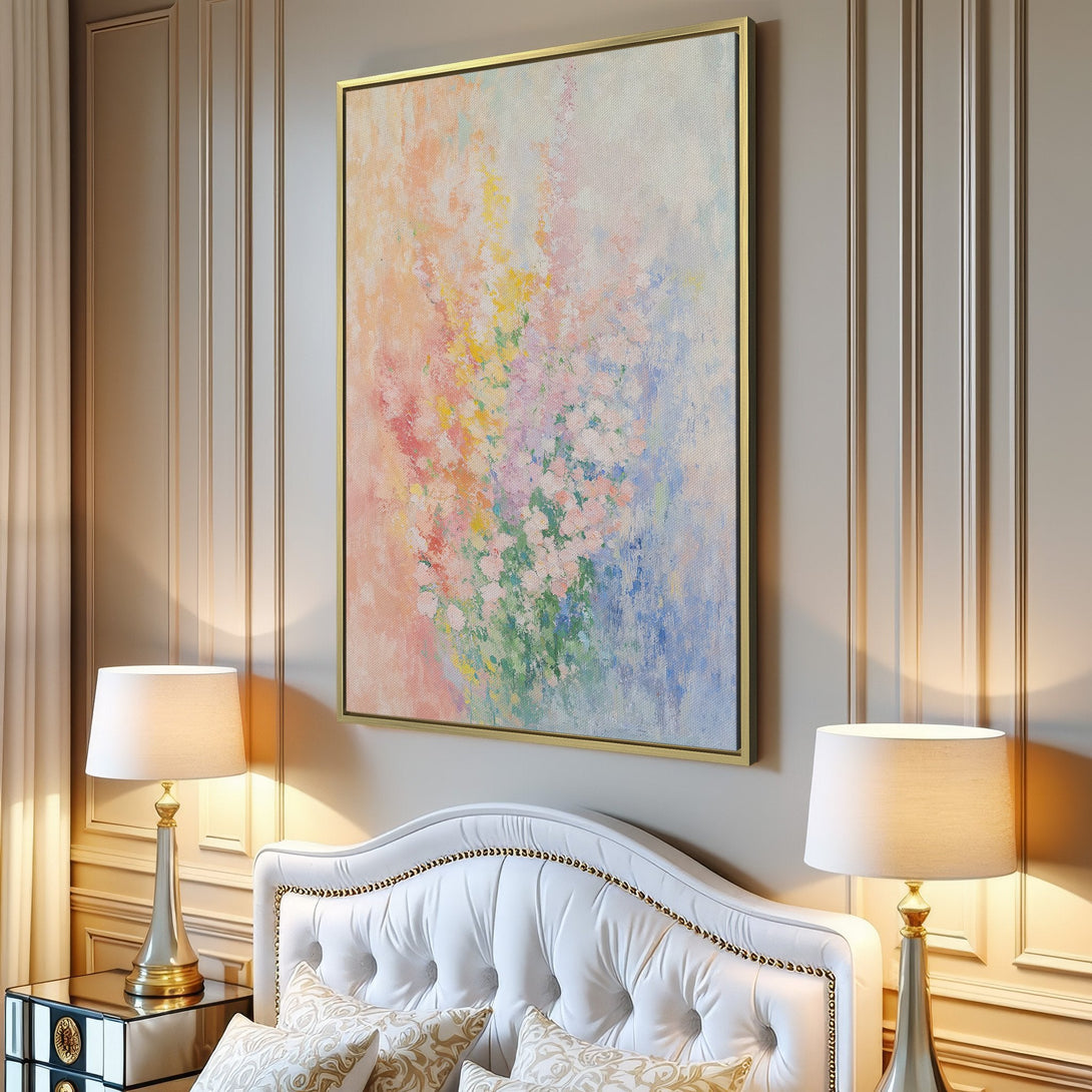 Abstract floral Canvas Print in pastel colors, perfect for adding a touch of elegance to your living room. Soft pinks, blues, and yellows create a calming atmosphere.