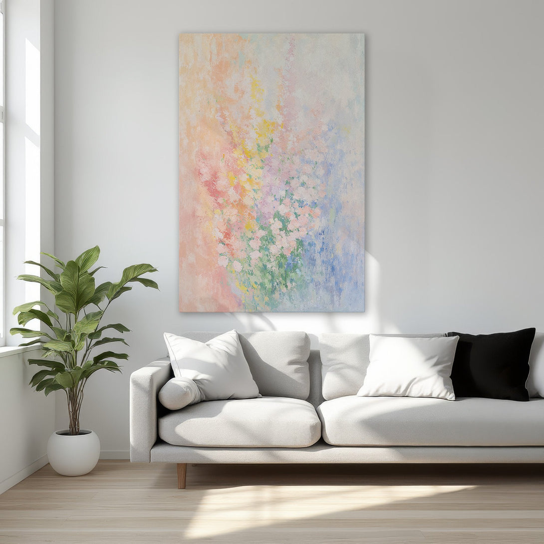 Framed Wall Art: Abstract floral canvas print in pastel colors, perfect for adding a touch of elegance to any bedroom decor.