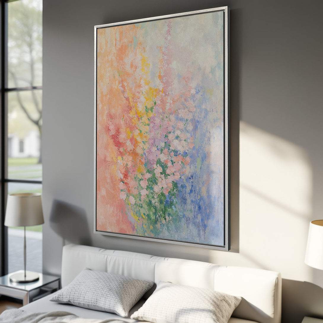 Framed Wall Art of a floral abstract painting in pastel colors. Adds a touch of elegance to any room. Perfect for bedroom decor.