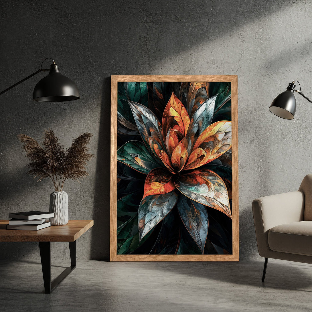 Framed Poster featuring a vibrant abstract floral design with orange, green, and blue hues. Modern art print for home decor.
