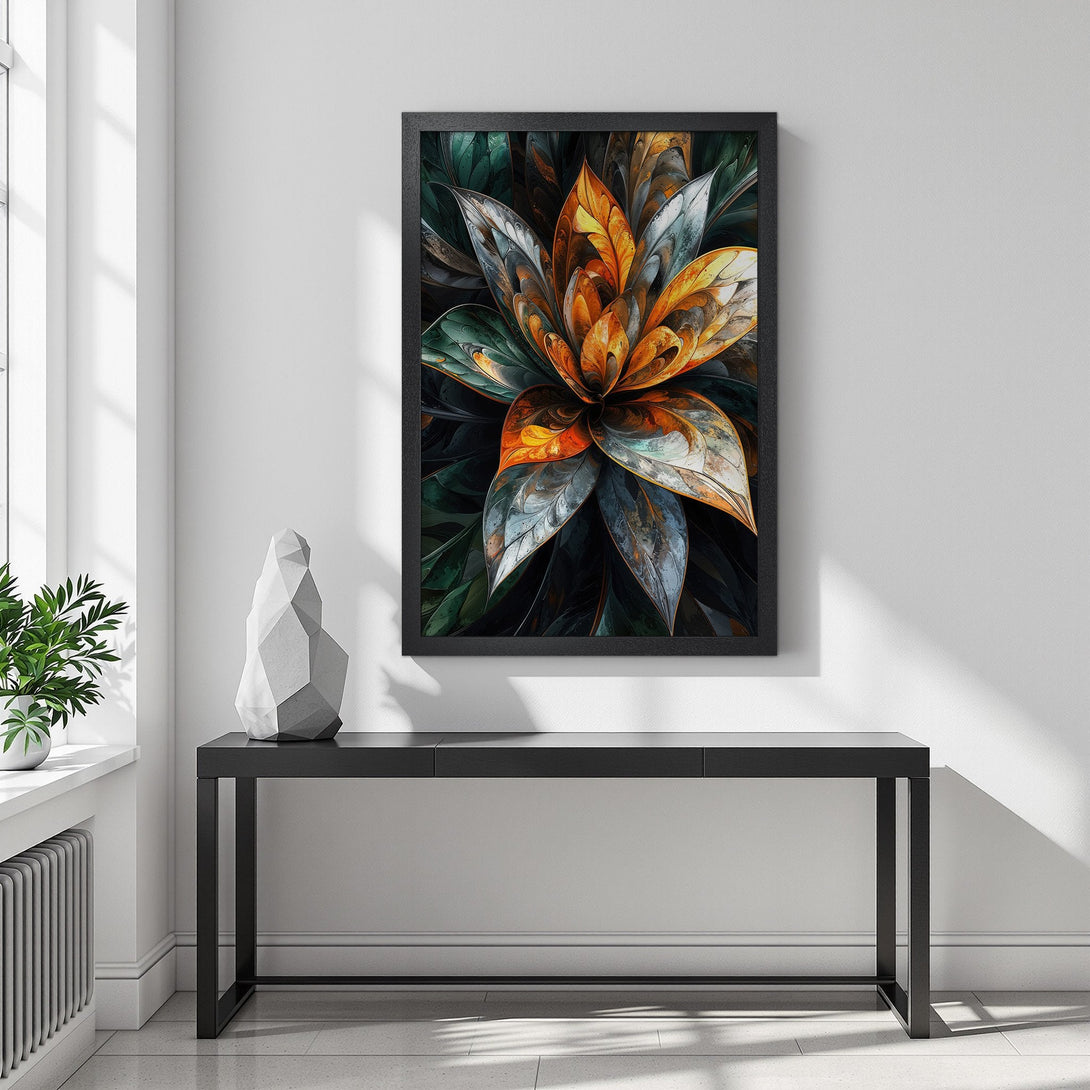 Framed Poster featuring a vibrant abstract floral design in orange, green, and gray tones. Modern art print for home decor.