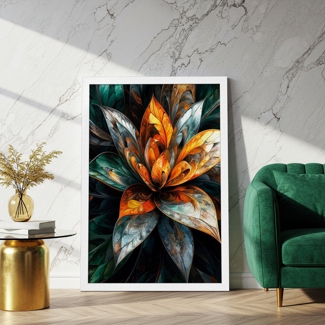 Framed Poster featuring a vibrant abstract flower design with orange, teal, and silver tones. Modern art for home decor.