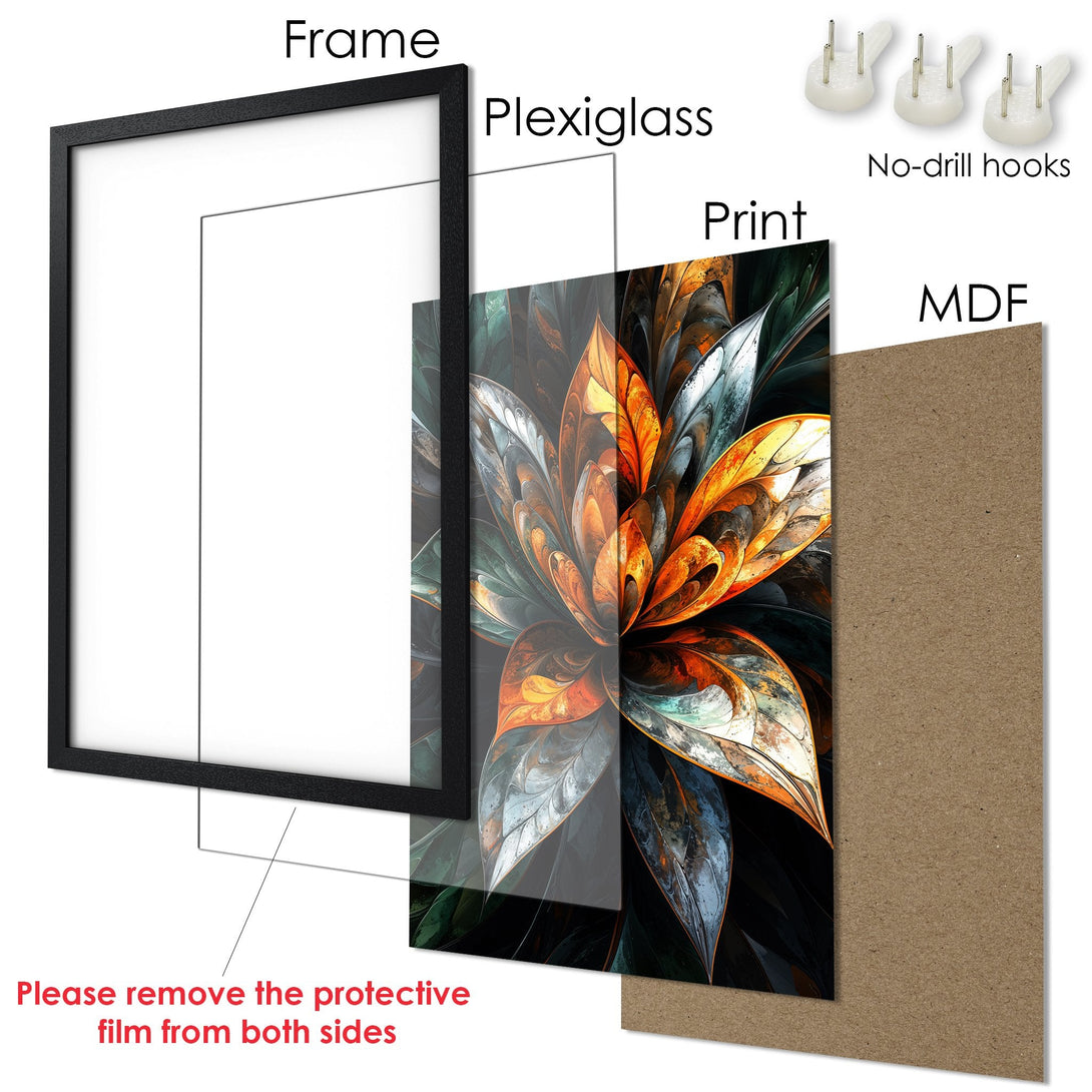 Framed Poster featuring a vibrant abstract floral design in orange, green, and black. Modern art style, perfect for home decor.