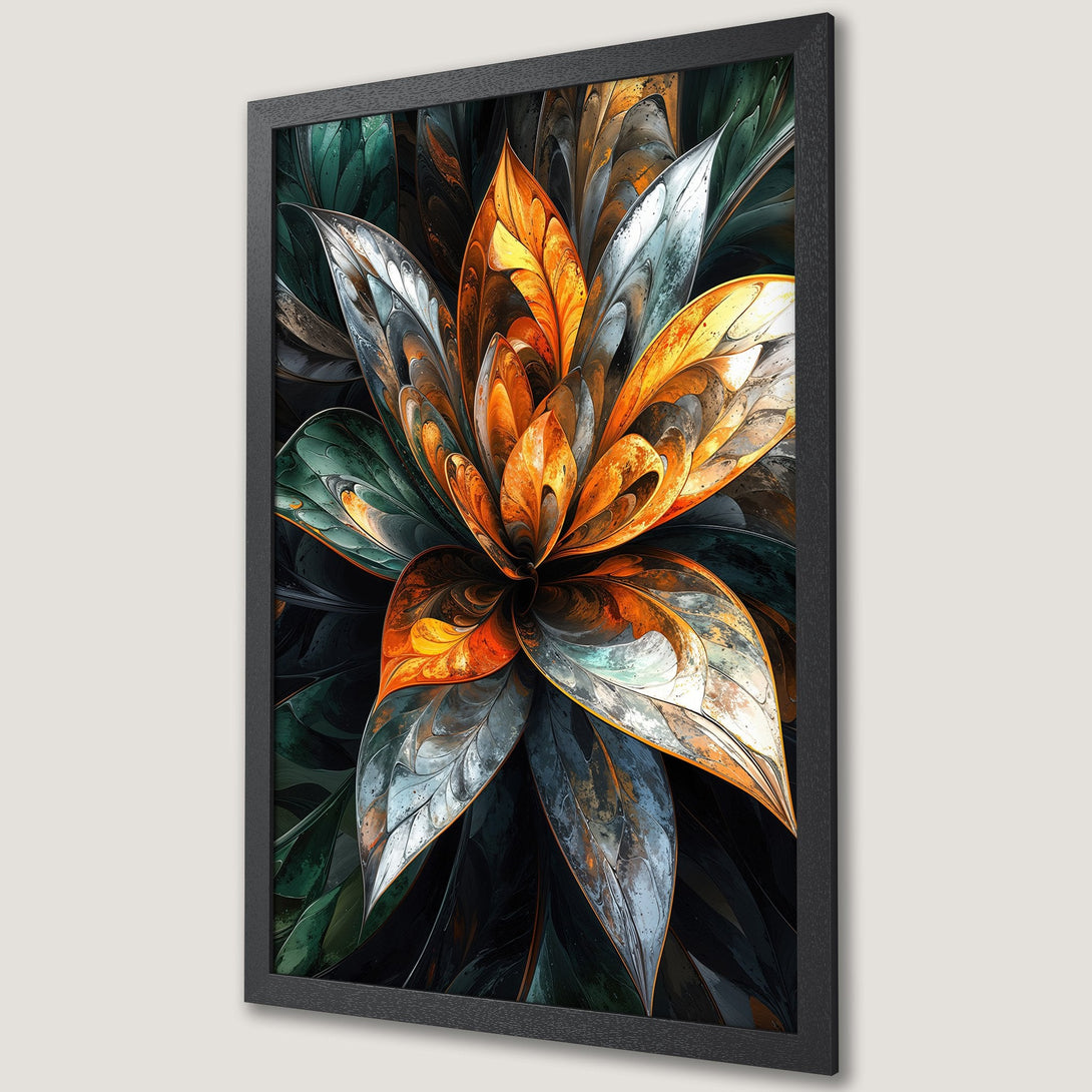 Framed Poster featuring an abstract floral design in orange, teal, and grey. Modern art for your home!
