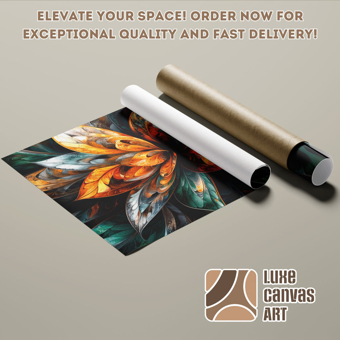 Abstract floral Poster Roll art in orange, green, and black. Elevate your space with Luxe Canvas Art!