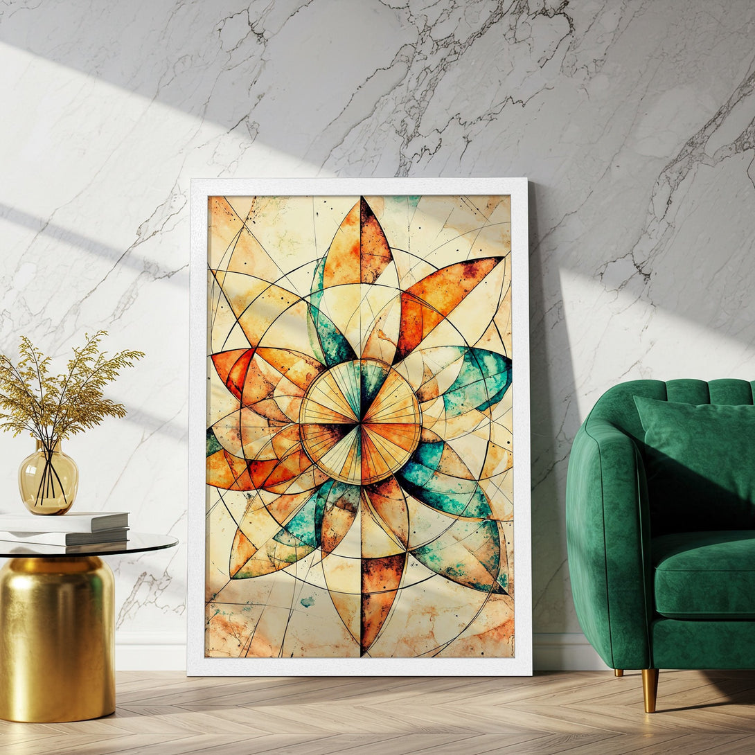 Framed Poster featuring abstract floral design in warm orange, teal, and beige tones. Perfect art for your home!