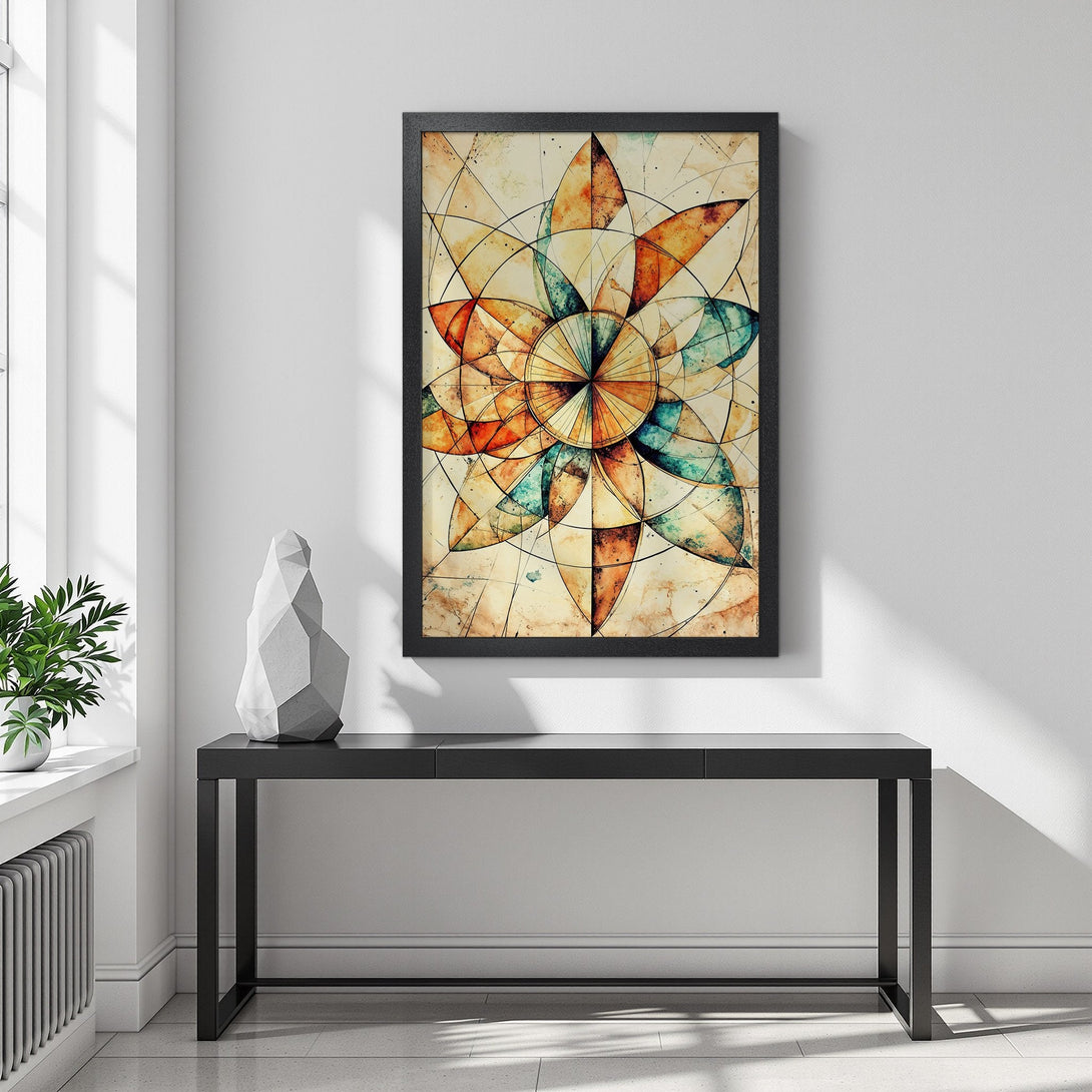 Framed Poster featuring an abstract watercolor floral design in warm orange, teal, and beige tones, perfect for modern home decor.