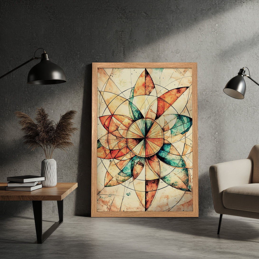 Framed Poster featuring an abstract floral design in watercolor style with warm orange, teal, and beige tones. Perfect wall art!