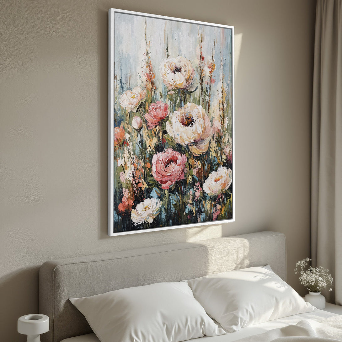 Framed Wall Art featuring an impressionistic floral painting with a soft pastel color palette, perfect for bedroom decor.