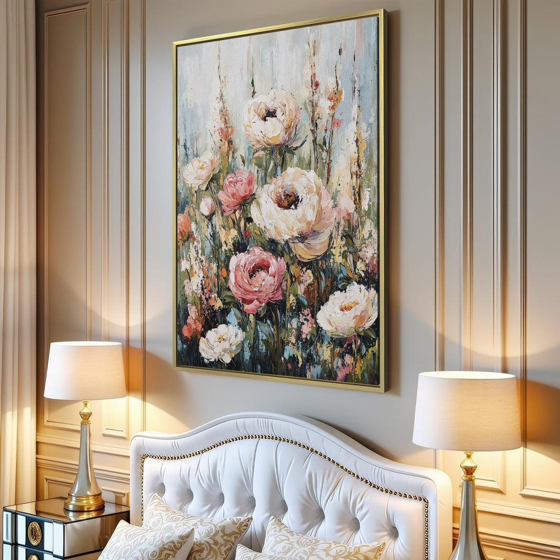 Canvas Print of floral artwork in a modern interior. Features soft pink, cream, and green blooms with a painterly style. Perfect for home decor.