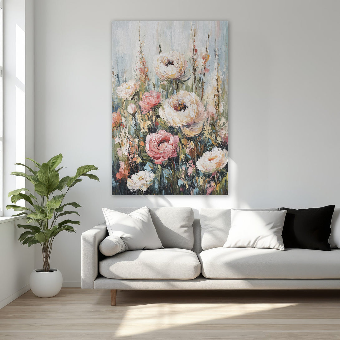 Framed Wall Art featuring a floral painting in a bedroom. Soft pink and cream flowers on a light blue background, gold frame. Elegant home decor.