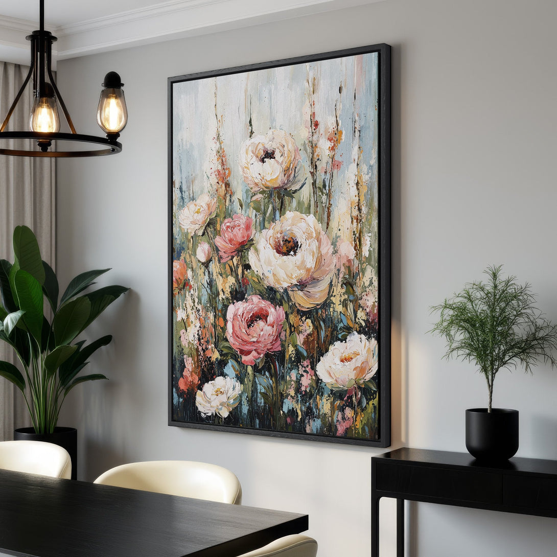 Framed Wall Art featuring a floral abstract painting with a soft pink and cream color palette. Perfect for adding elegance to your home decor.