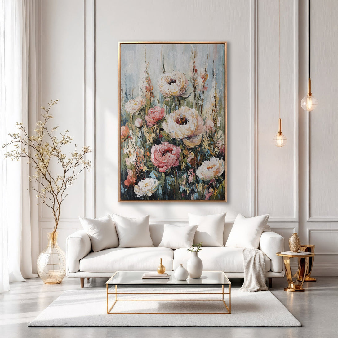 Framed Wall Art: Elegant floral painting in a gold frame. Soft, romantic style with a palette of blush pinks, creams, and greens, perfect for any home.