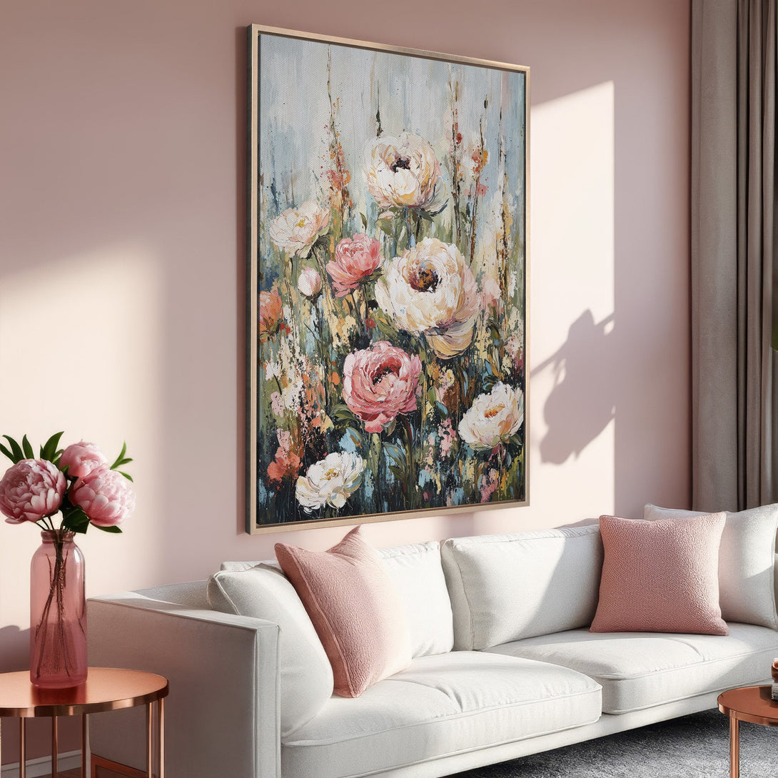 Framed Wall Art: Stunning floral canvas print in a modern style, featuring soft pink and cream tones. Perfect for adding elegance and color to your home.