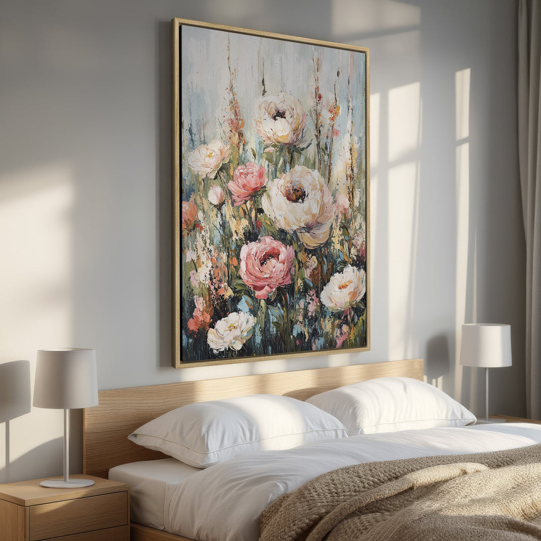 Framed Wall Art: Floral abstract painting in soft pinks, whites, and greens. Perfect bedroom decor. Add a touch of elegance to your space!