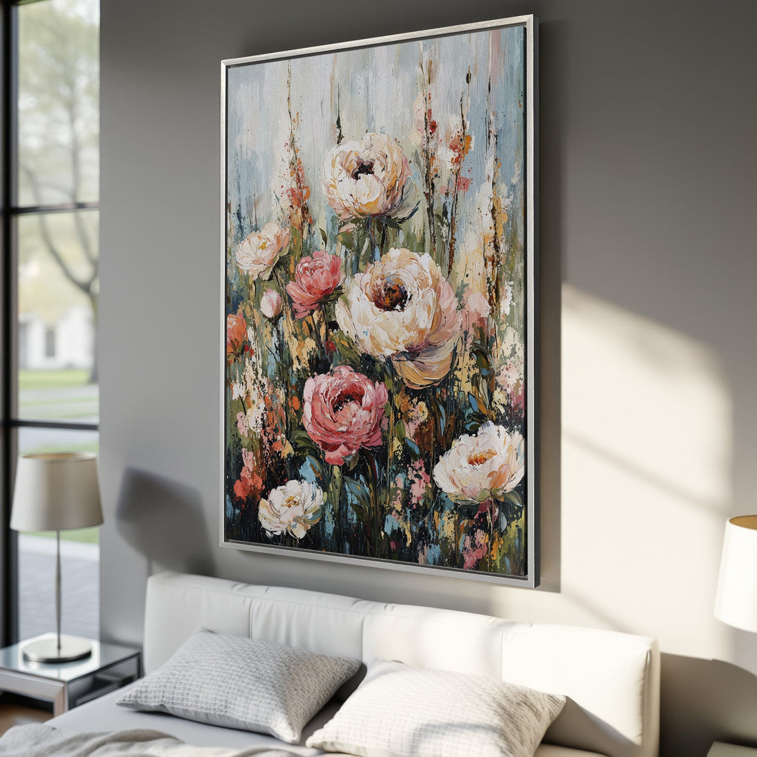 Framed Wall Art featuring a floral abstract painting with a soft, pastel color palette. Perfect for adding a touch of elegance to any bedroom.