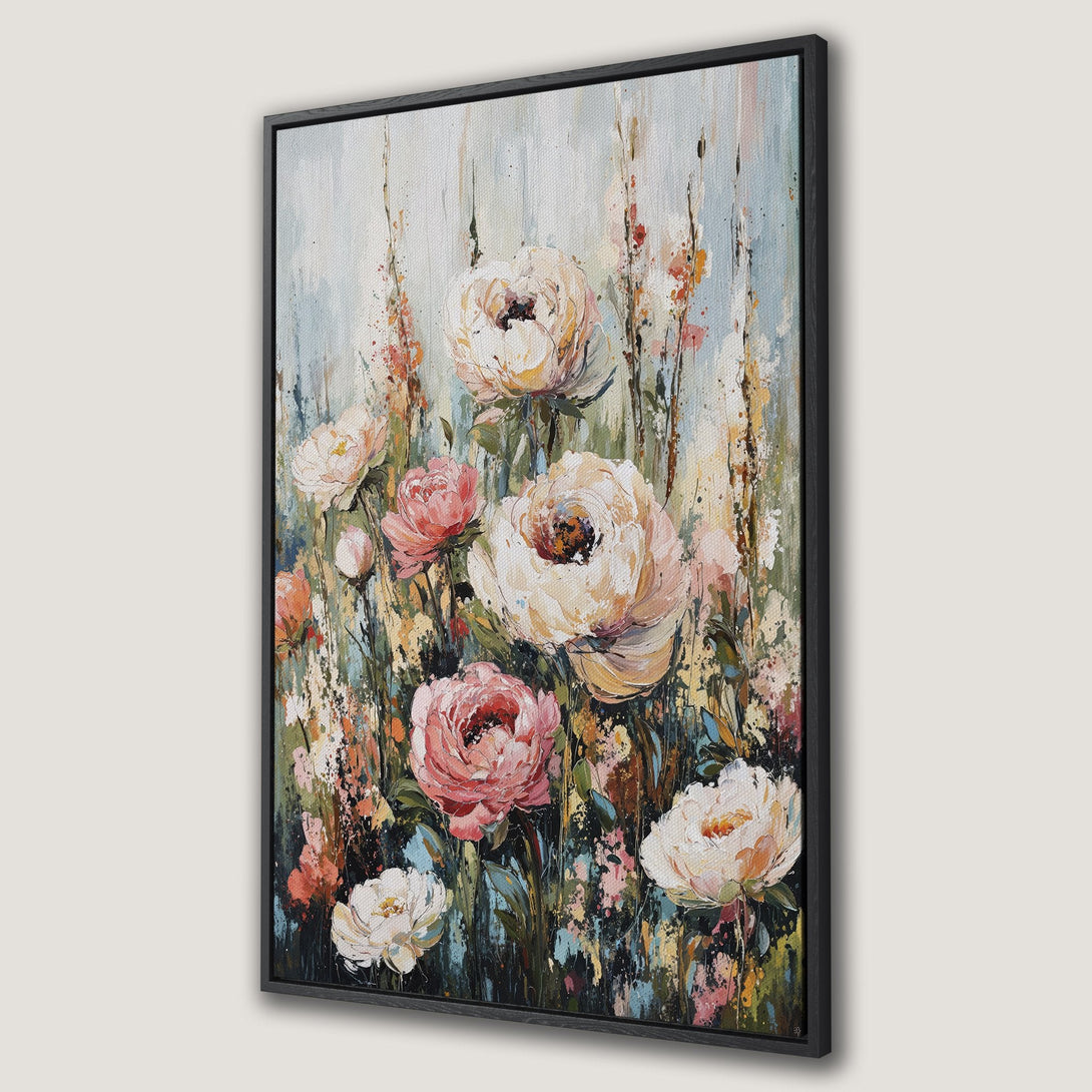 Framed Wall Art featuring a floral abstract painting with peonies in soft pinks, creams, and greens. Perfect for adding a touch of elegance to your space.