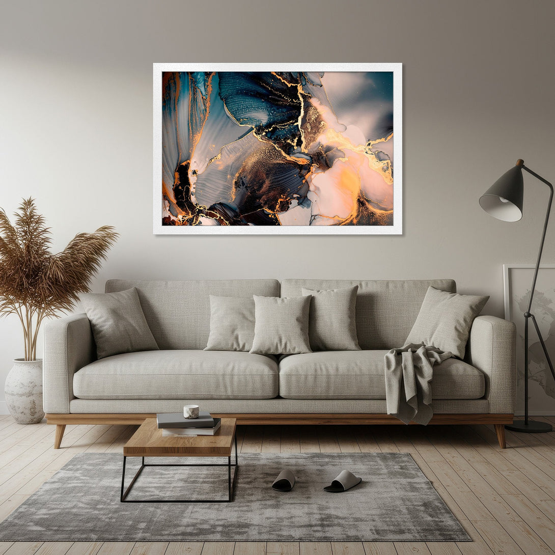 Framed Poster featuring abstract art in teal, gold, and blush tones. Modern art print to elevate your home decor.