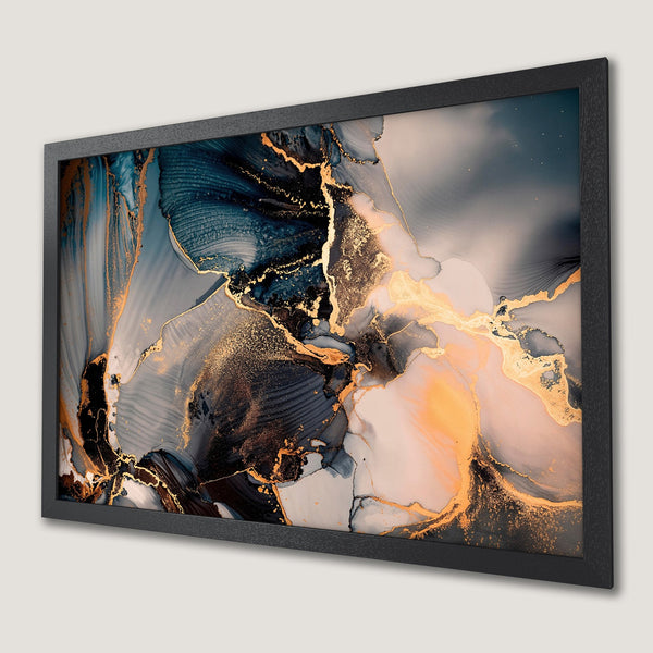Framed Poster featuring abstract art with gold accents, navy, gray, and peach color palette. Perfect wall decor.