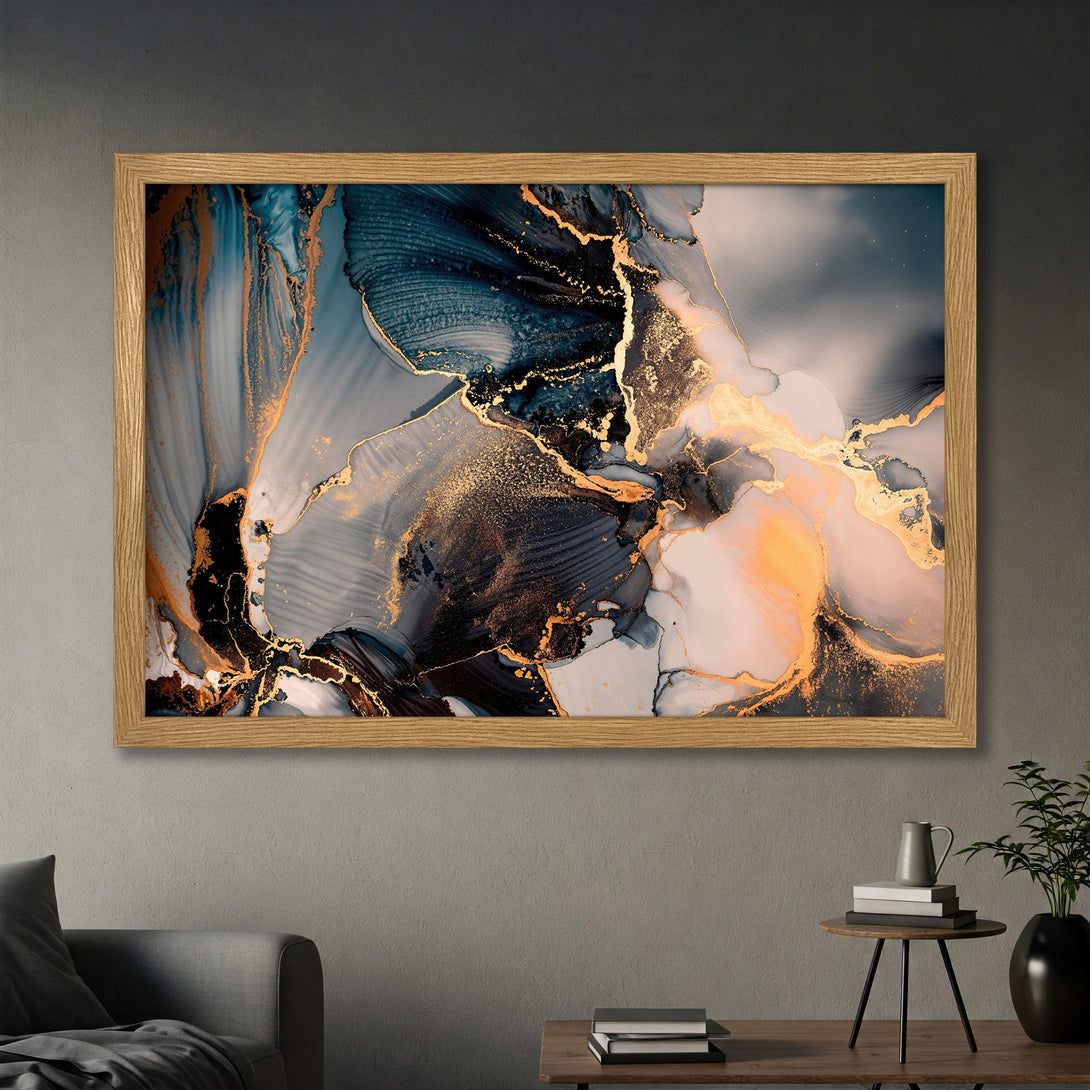 Framed Poster featuring abstract fluid art in navy, gold, and peach tones. Modern wall art to elevate your space.