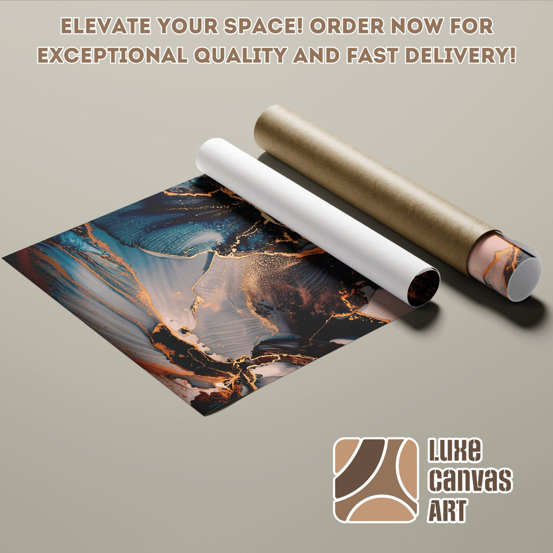 Abstract art Poster Roll in blue, gold, and black. Elevate your space!