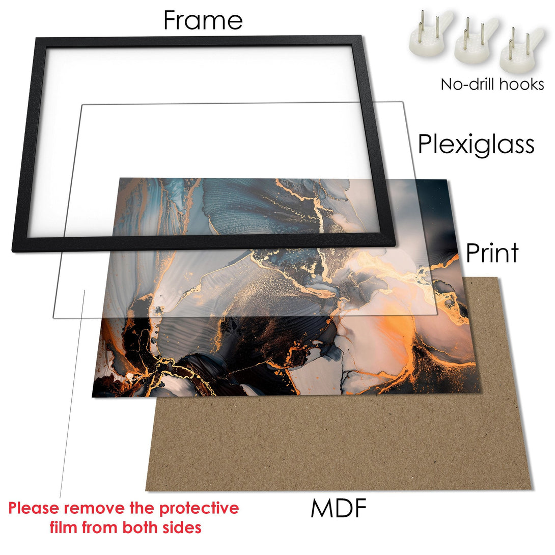 Framed Poster featuring abstract art with teal, gold, and orange tones. Elevate your space with this stunning wall art.