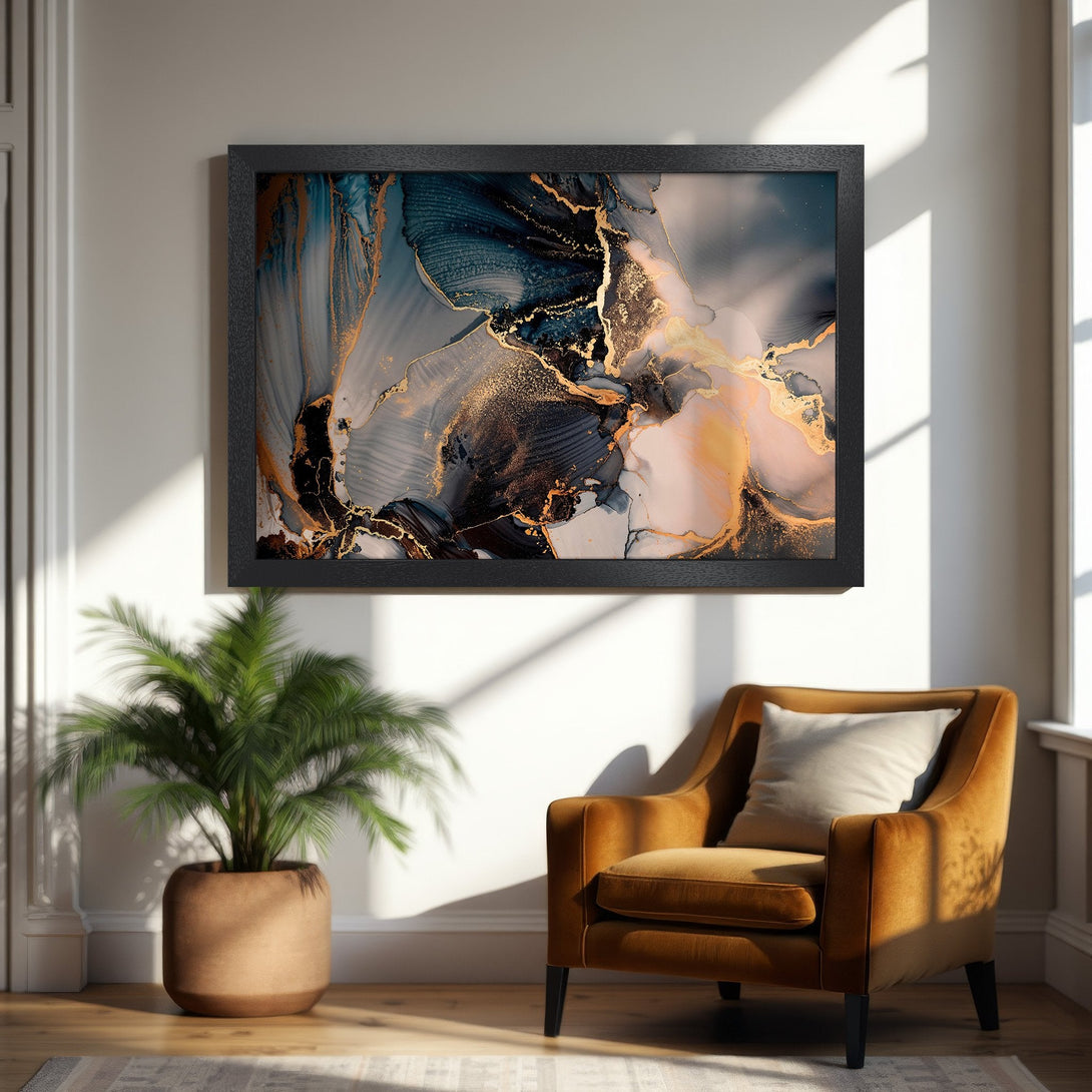 Framed Poster featuring abstract art in blue, gold, and neutral tones. Modern wall decor for your home.