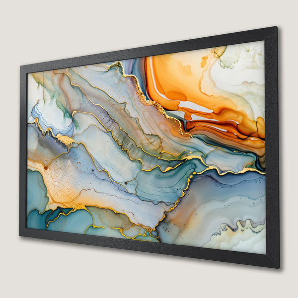 Framed Poster featuring abstract fluid art in blue, orange, and gold tones. Modern art print for home decor.