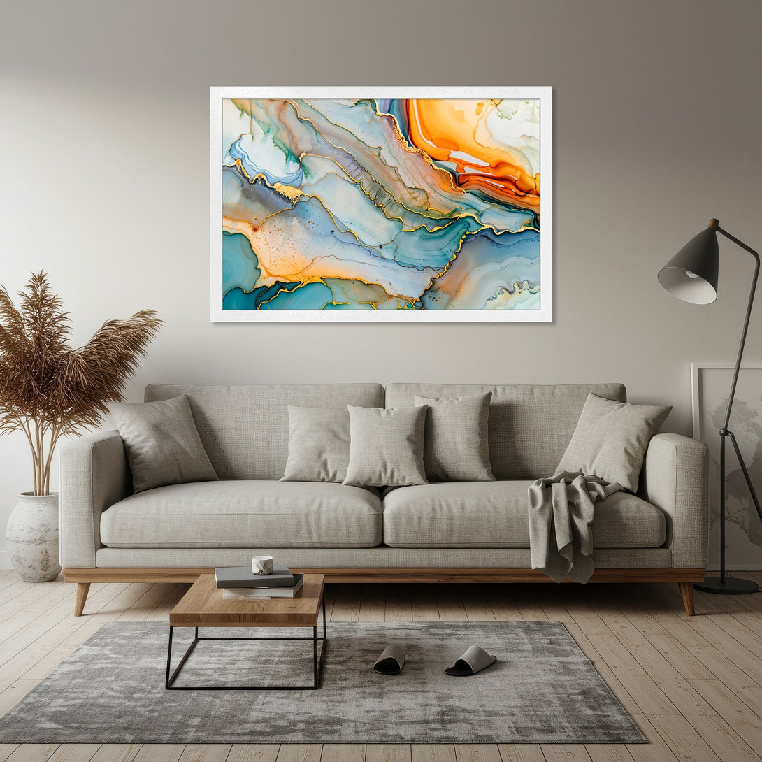 Framed Poster featuring abstract art in blue, orange, and gold tones. Perfect wall decor for a modern living room.