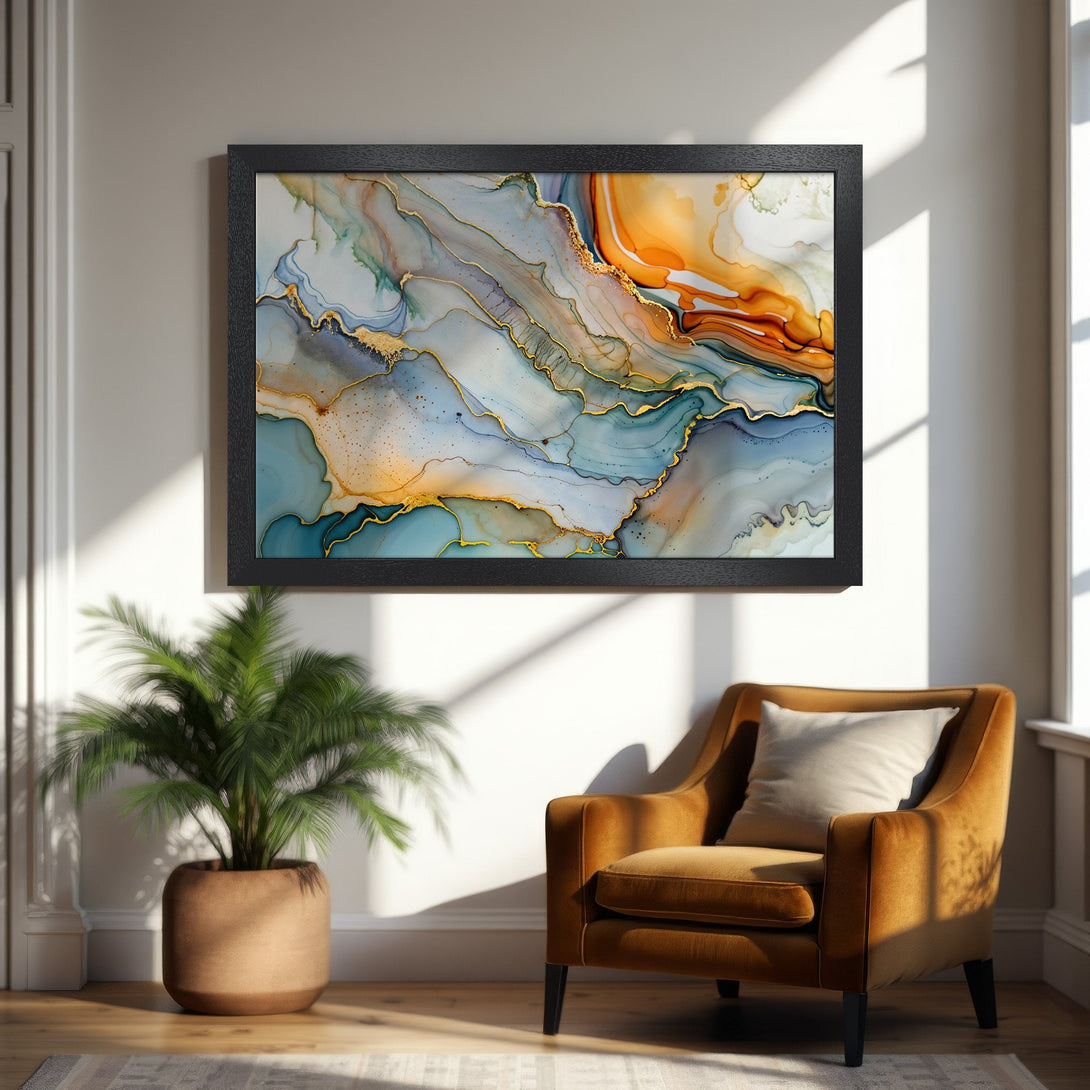 Framed Poster featuring abstract fluid art in blue, gold, and orange hues, perfect for modern home decor.