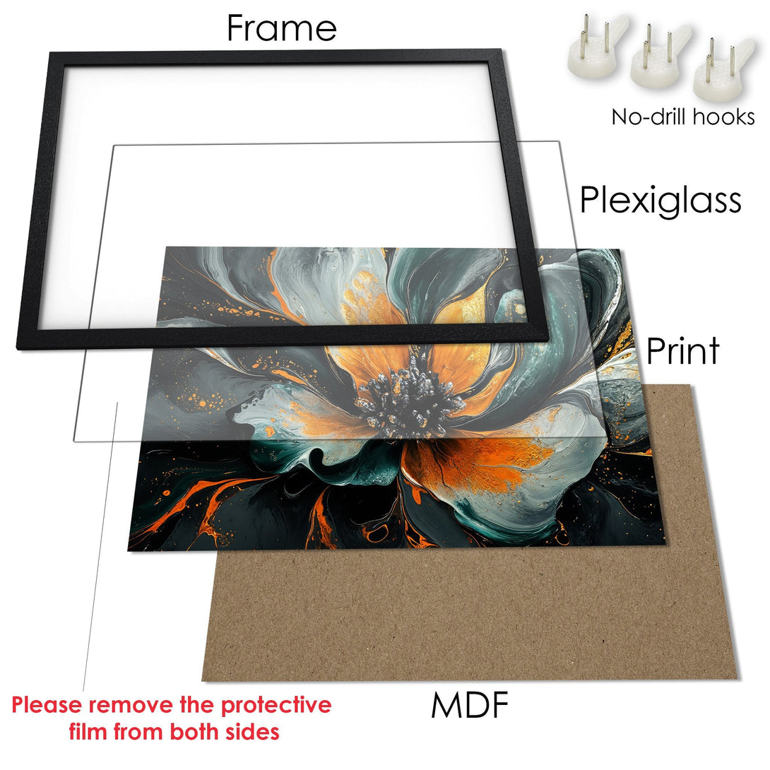 Framed Poster featuring an abstract floral design in teal, orange, and gray. Modern art print for your home decor.