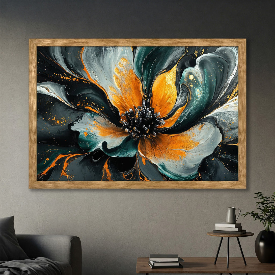 Framed Poster featuring a vibrant abstract flower in teal, gold, and black. Modern art for home decor.