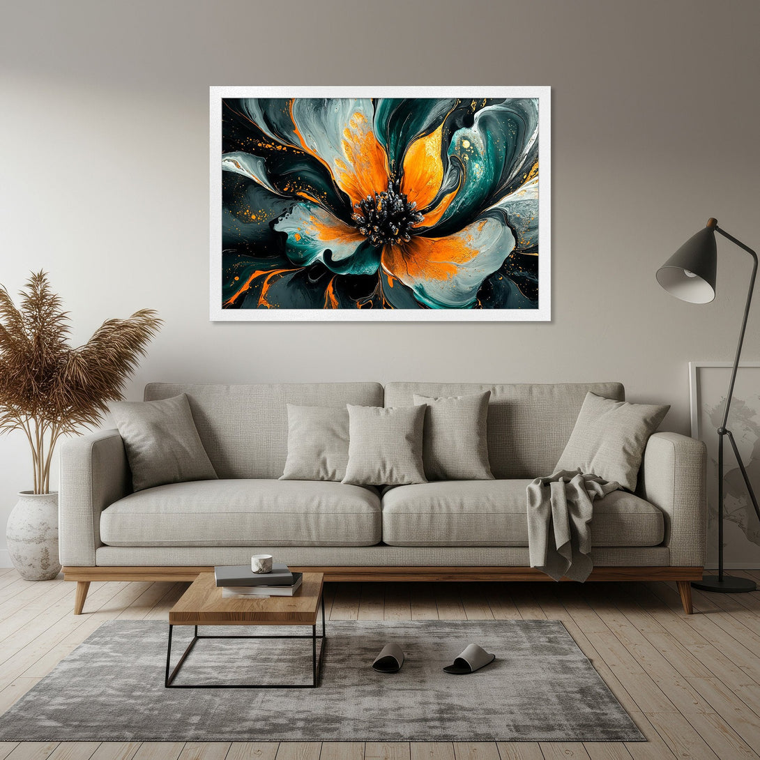 Framed Poster of an abstract flower in teal, orange, and gold. Modern art print for your home decor.
