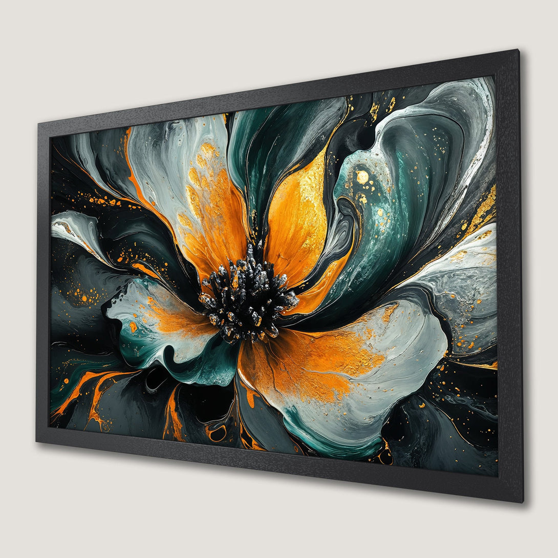 Framed Poster: Abstract floral art in teal, gold, and gray. Modern wall decor for a stylish home.