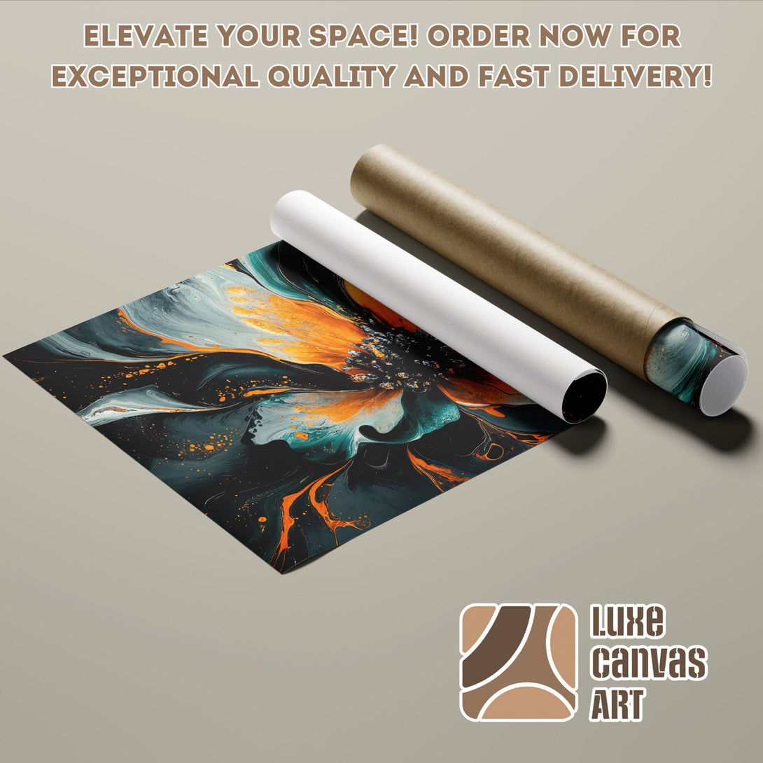 Abstract art Poster Roll in teal, orange, and black. Elevate your space!