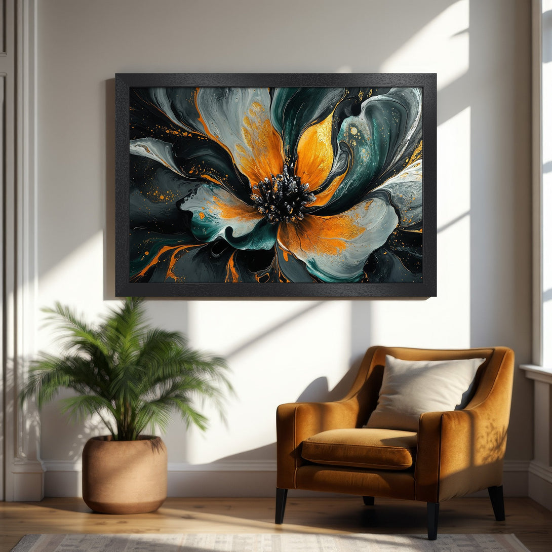 Framed Poster featuring an abstract flower in teal, gold, and black. Modern art print for home decor.
