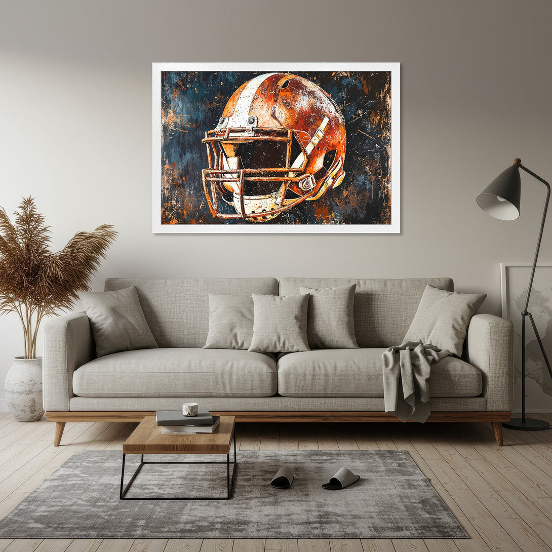 Framed Poster featuring an abstract football helmet artwork. Bold, modern style with a warm orange and blue color palette. Perfect wall art!