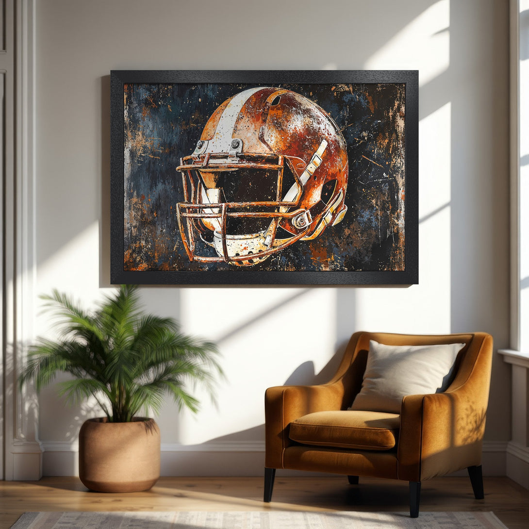 Framed Poster featuring a football helmet in an abstract style with a warm, earthy color palette. Perfect wall art for any space!