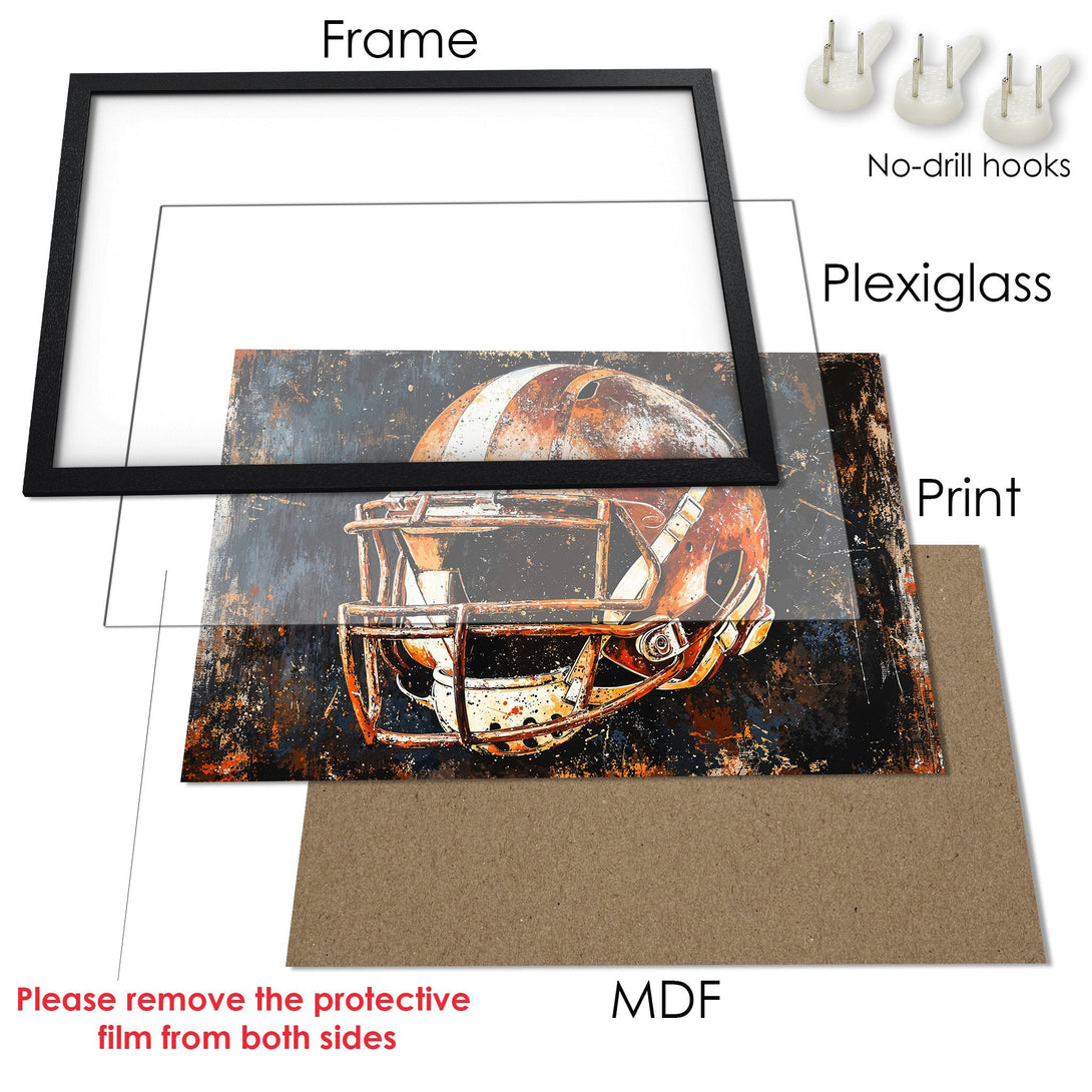 Framed Poster of a football helmet. Grunge style, featuring orange, brown, and blue tones. Perfect wall art for any space!