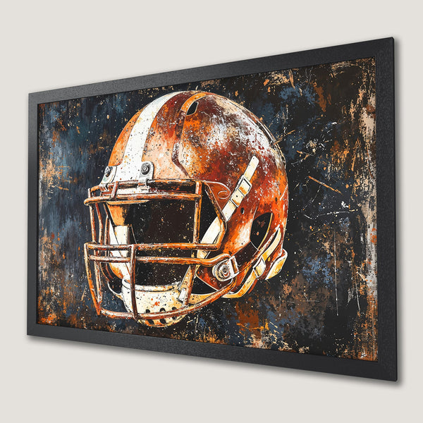 Framed Poster: Abstract football helmet art in orange, white, and blue. Unique wall decor for sports fans.