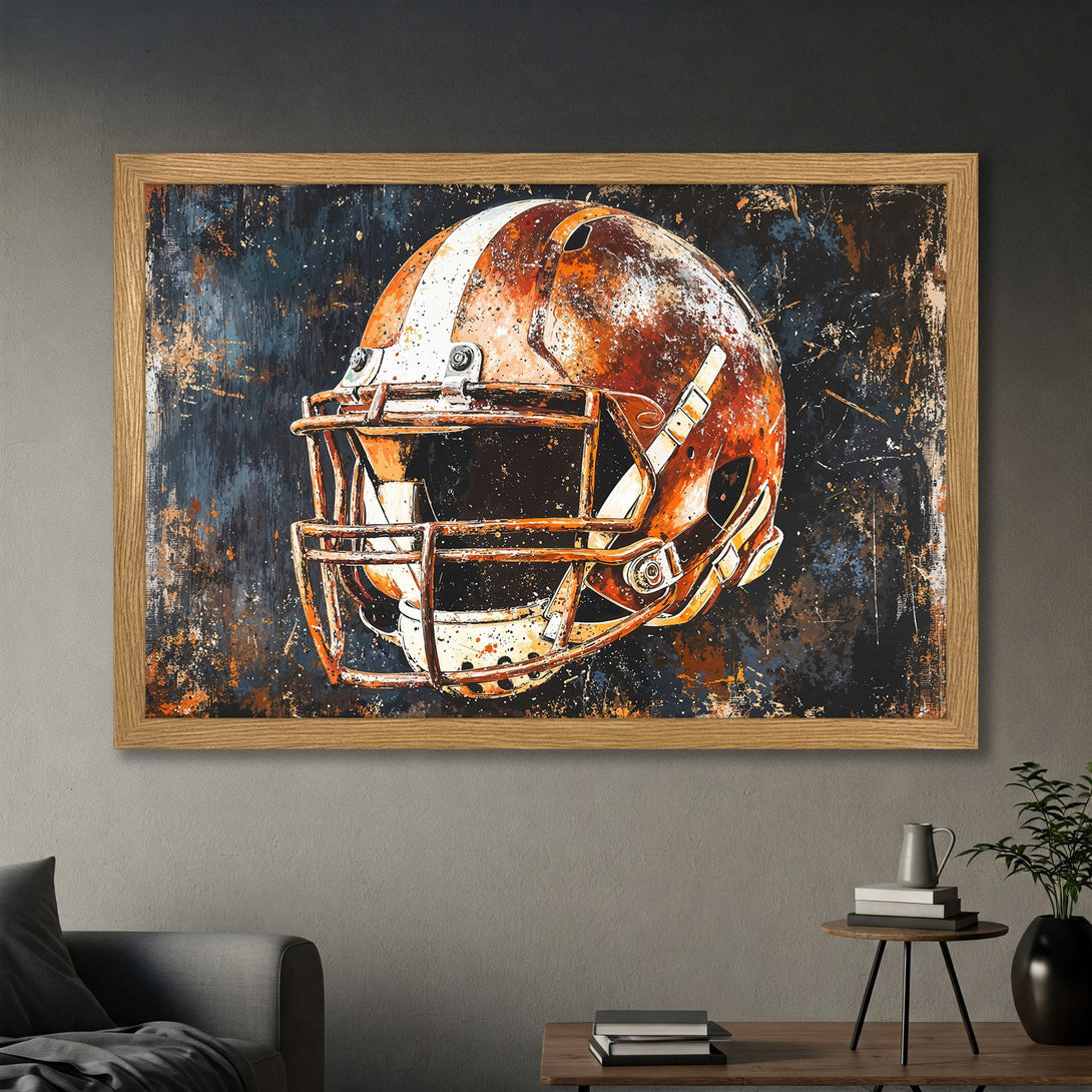 Framed Poster of an abstract football helmet in orange and blue tones. Modern art style, perfect for sports fans.